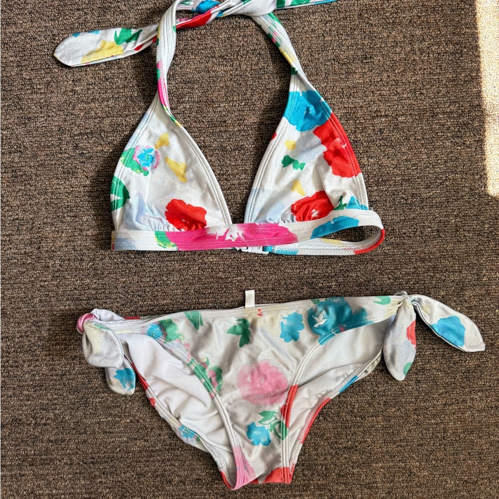 Aerie White Floral Tie Bikini Set with Red, Pink & Blue Accents